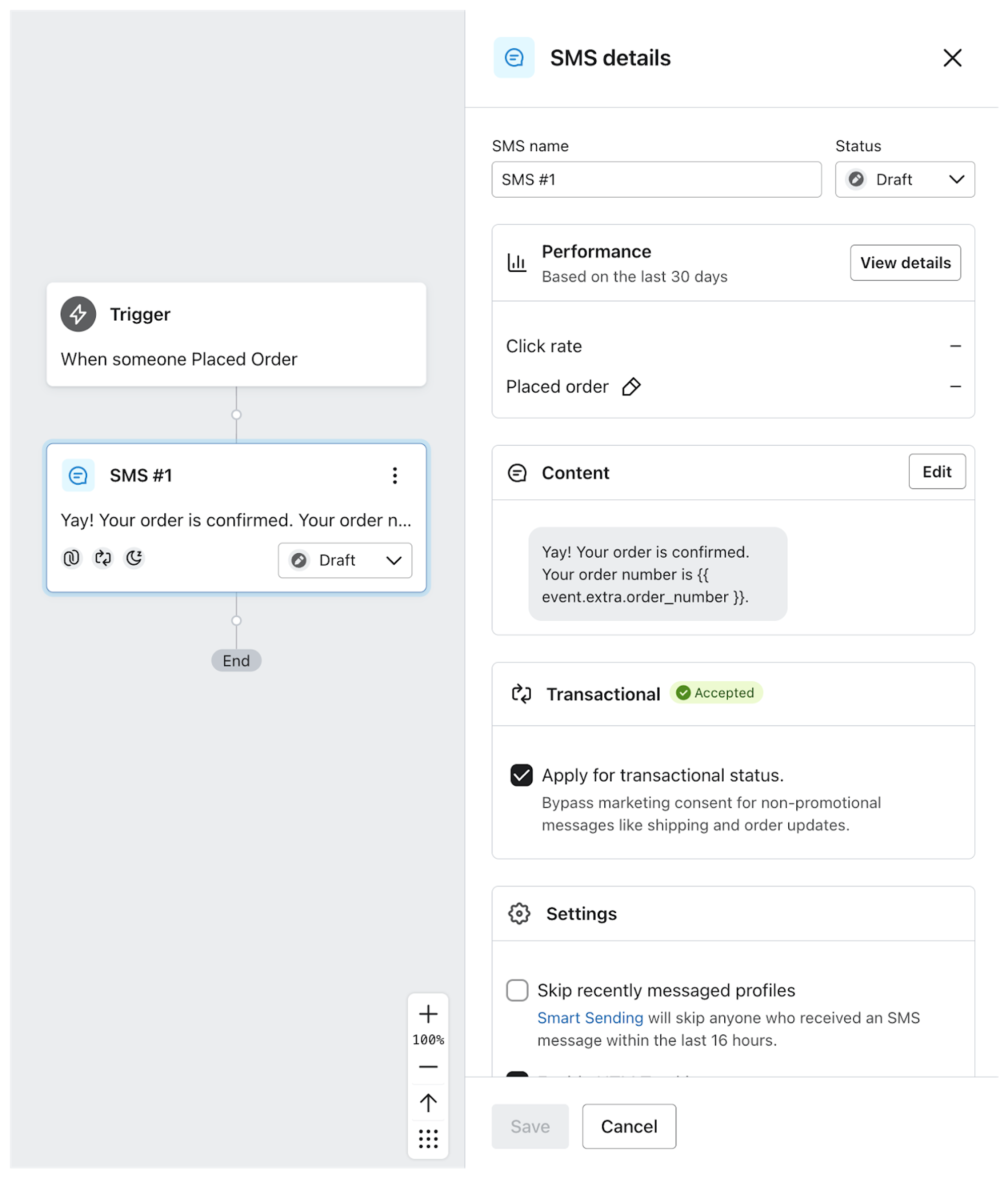Wiadomość SMS po zatwierdzeniu statusu transakcji