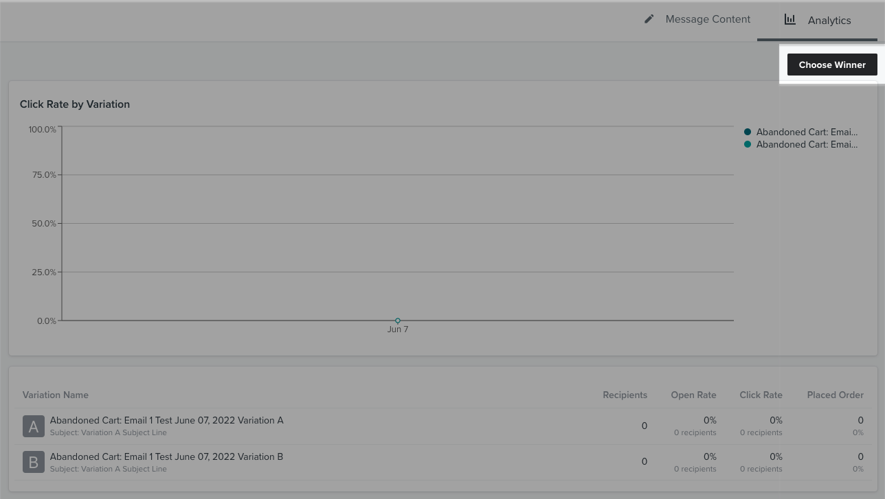 Przycisk Wybierz zwycięzcę znajduje się w prawym górnym rogu strony wyników testu A/B.