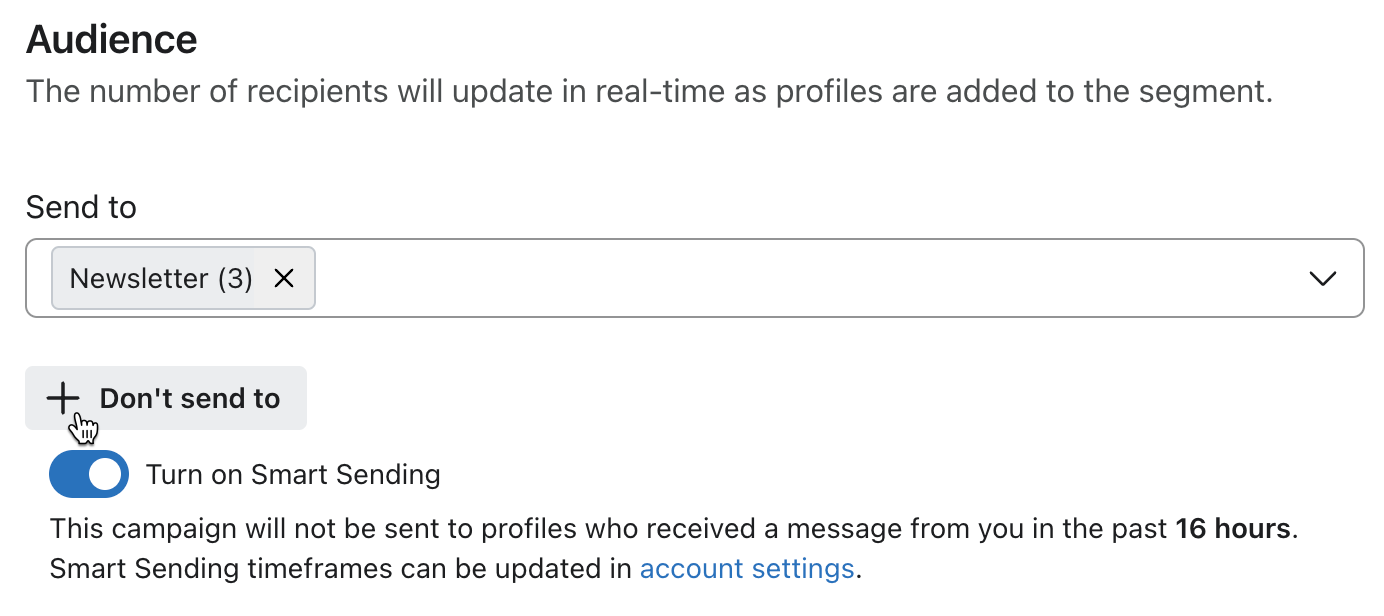 Krok widowni kreatora kampanii, pokazujący przycisk Nie wysyłaj do