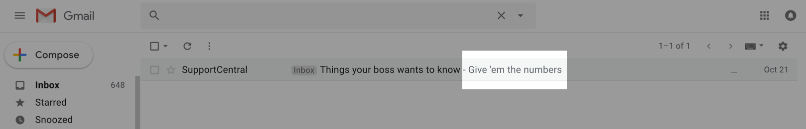 W skrzynce odbiorczej Gmaila podświetlona jest część tekstowa podglądu wiadomości e-mail