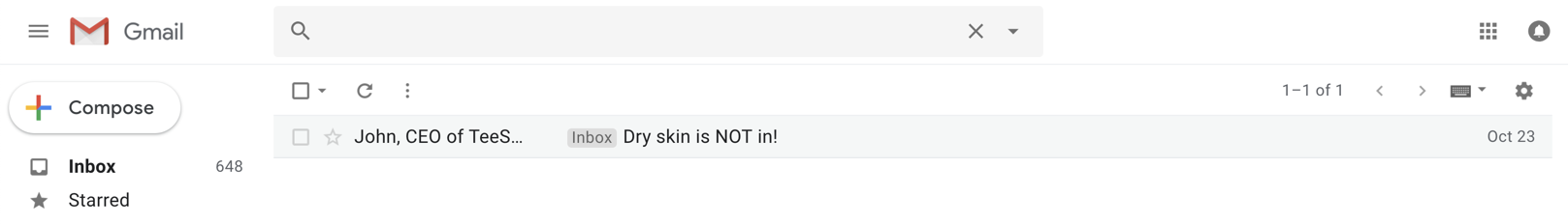 Skrzynka odbiorcza Gmaila wyświetla wiadomość e-mail z tematem wiadomości, ale bez tekstu podglądu