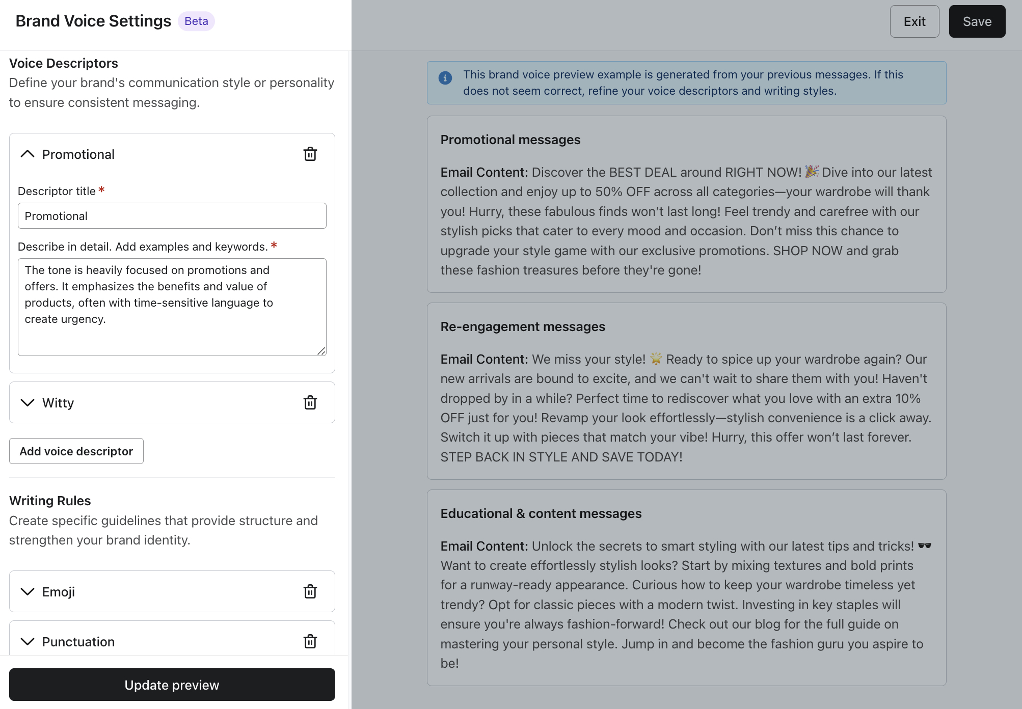 Otwórz okno edycji głosu marki na karcie Głos w Klaviyo.