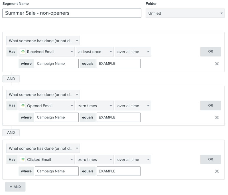 Przykład nieotwierającej się strony segment z użytkownikami otrzymującymi co najmniej 1 e-mail w historii i otwierającymi lub klikającymi je zero razy w historii
