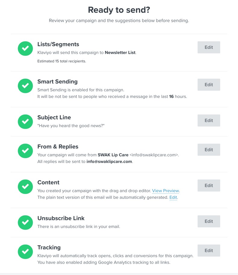 ekran wysyłania kampanii pokazujący, że wykryto łącze do wycofania subskrypcji