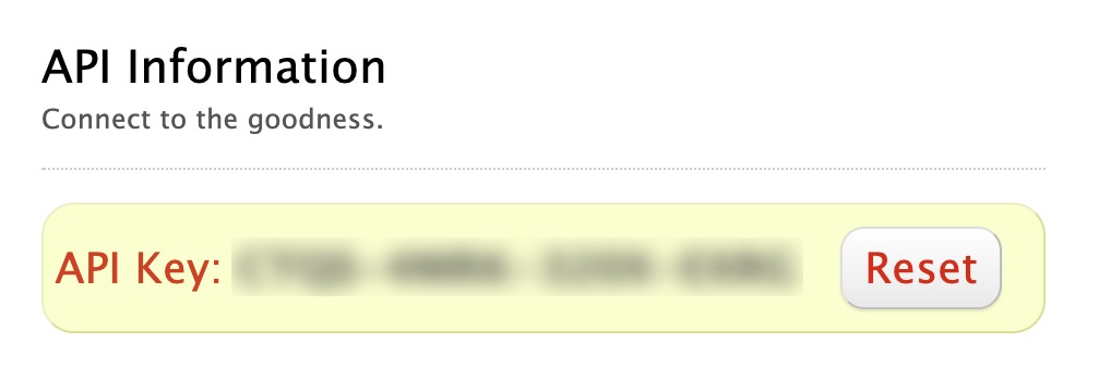 API Informacje Wufoo z zamazanym kluczem API i przyciskiem Reset na czerwono