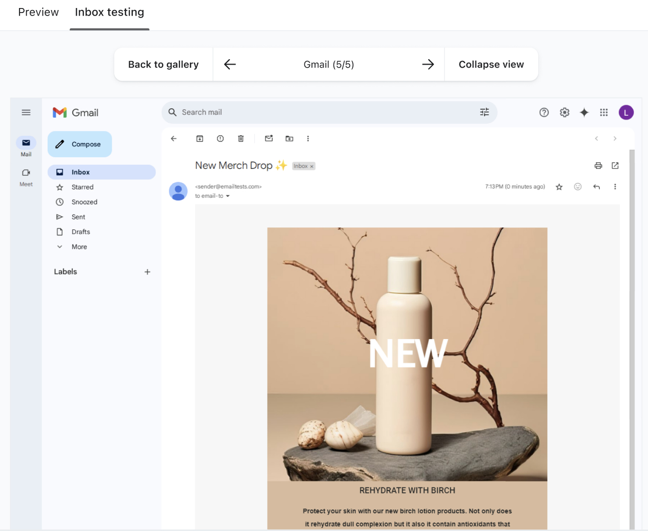 Szczegółowy podgląd wiadomości e-mail w Gmailu przy użyciu testów skrzynki odbiorczej Klaviyo, pokazujący ogłoszenie o nowym produkcie.
