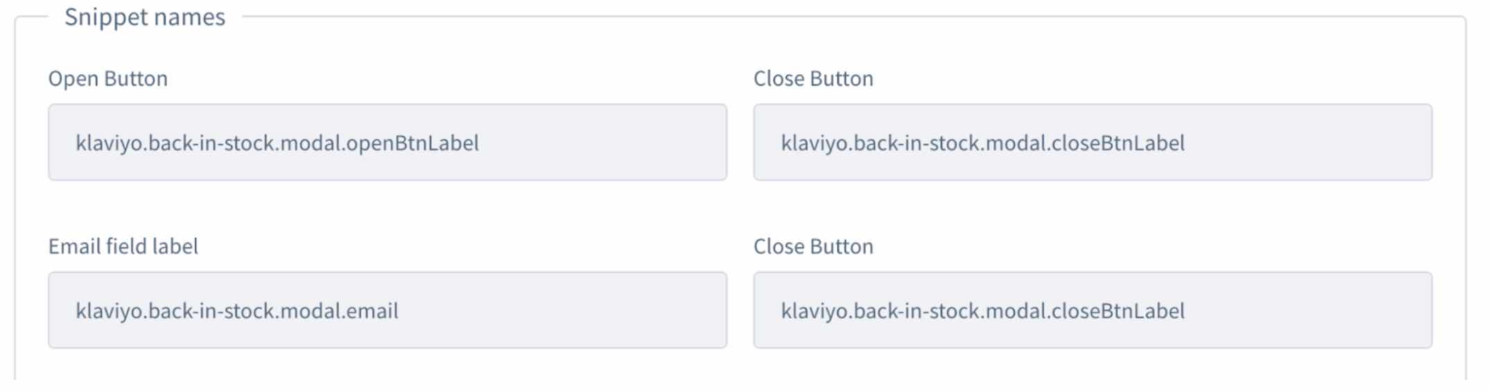 Nazwy fragmentów kodu dla przycisku otwierania, przycisku zamykania i etykiety pola e-mail