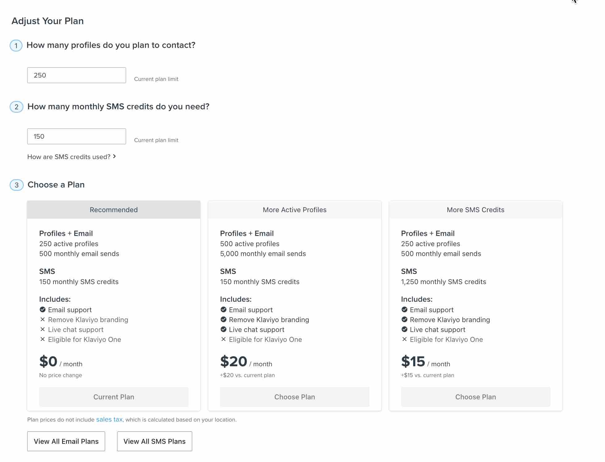 Wybierz nową stronę plan w Klaviyo