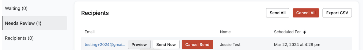 Wyślij teraz przycisk dla profil w sekwencja e-mail's need review group