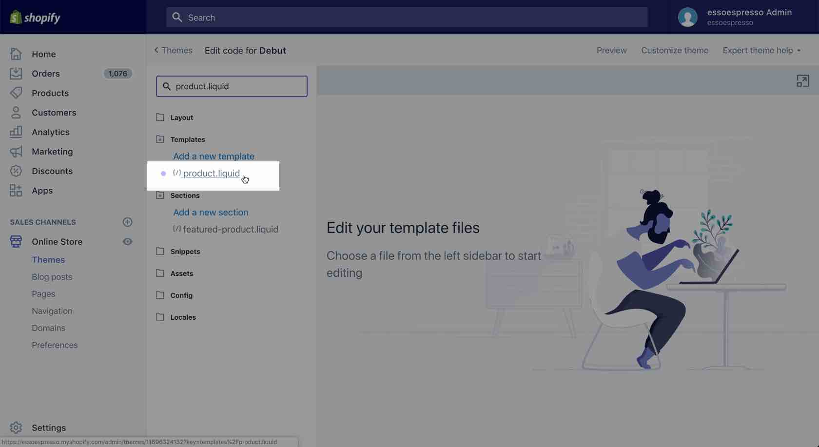 Strona Edytuj szablon Shopify jest wyszarzona z wybranym i podświetlonym plikiem product.liquid.