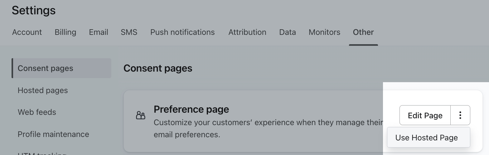 Zakładka Strony zgód w Klaviyo pokazuje menu dodatkowych opcji otwarte na przykładowej stronie preferencji.