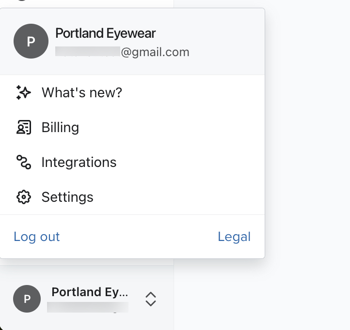Nazwa organizacji wybrana z lewego dolnego rogu strony Klaviyo i pokazująca rozliczenie po kliknięciu na liście opcji nawigacji.