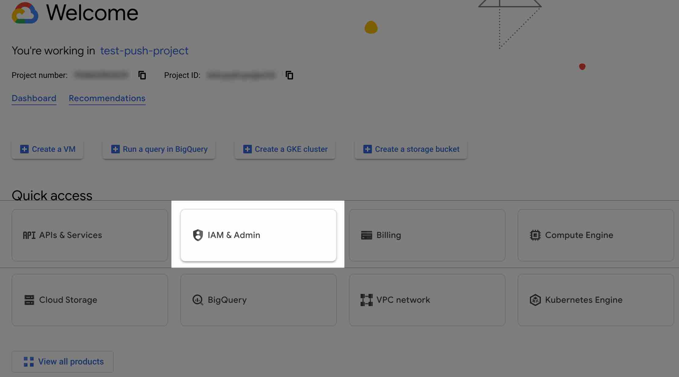 Wszystkie łącza szybkiego dostępu, z podświetloną tylko opcją administratora IAM &.