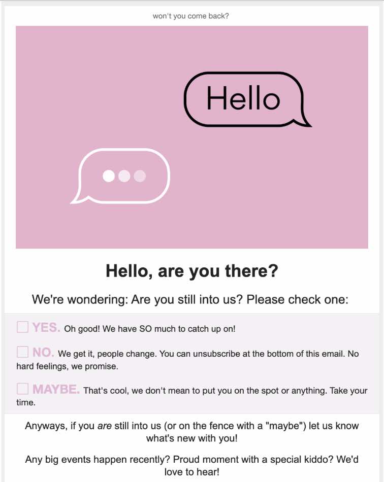Przykładowa wiadomość e-mail o zachodzie słońca z linkami umożliwiającymi klientowi ustawienie preferencji dotyczących poczty e-mail
