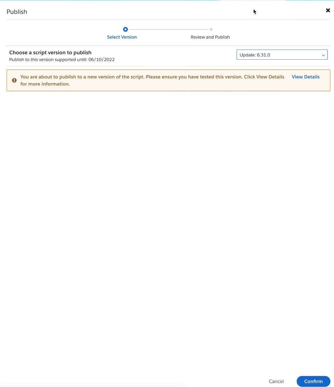 Modal, który pojawi się z prawego paska bocznego, aby opublikować plik cookie Twojej witryny z przyciskiem potwierdzenia w prawym dolnym rogu.