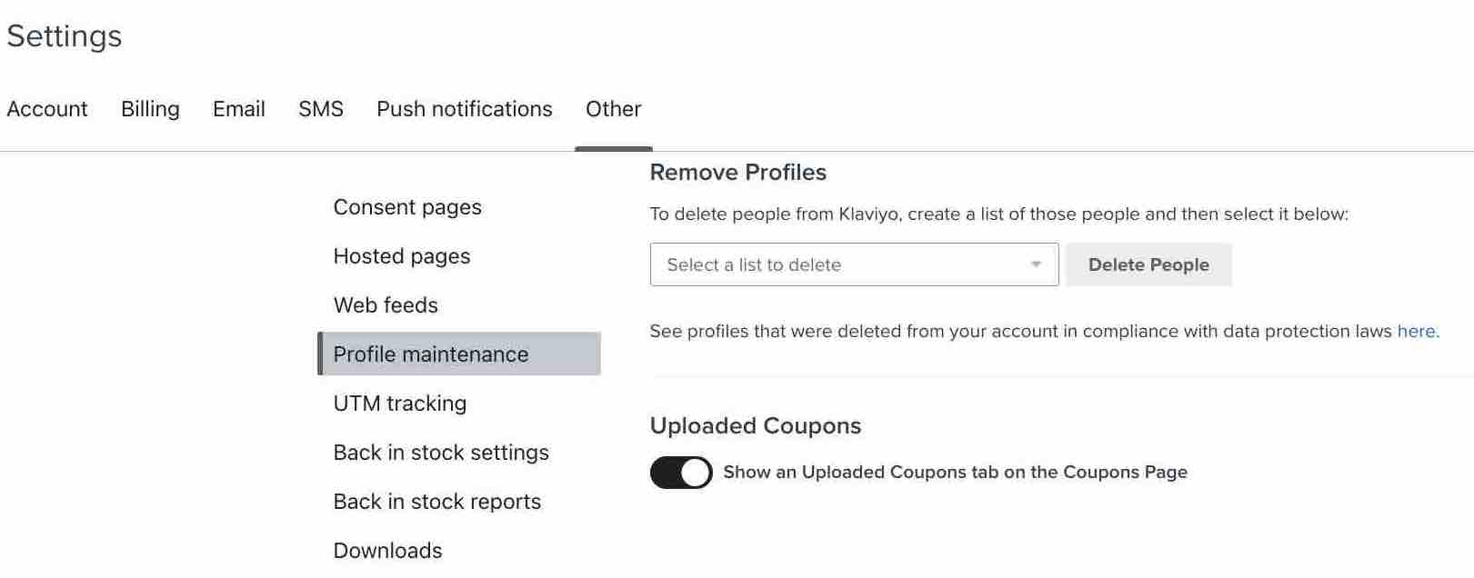 Klaviyostrona Profil Maintenace z włączoną funkcją przesyłania kuponów