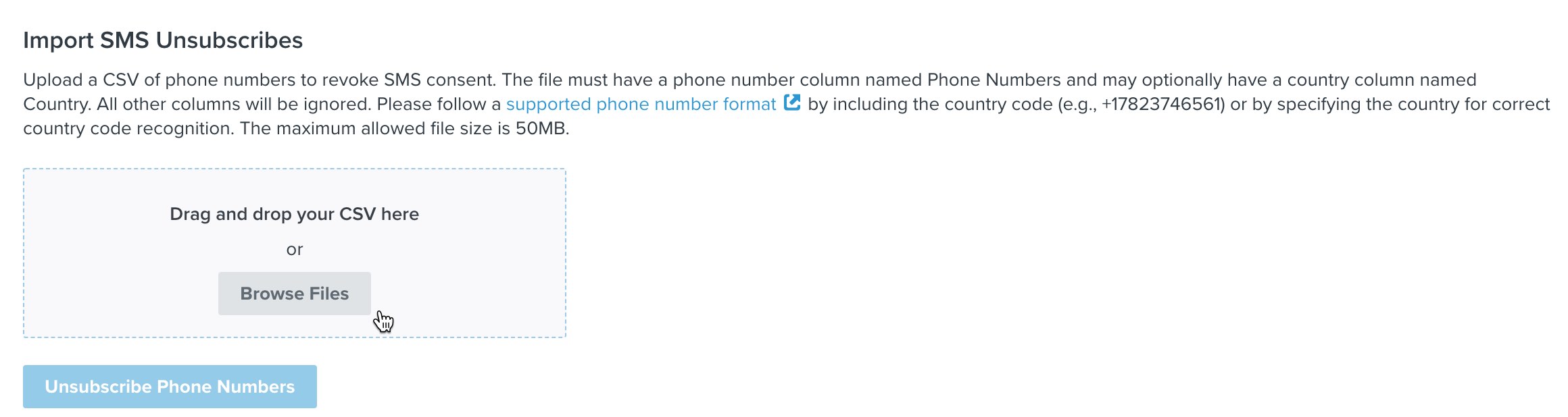 Na stronie ustawień SMS Klaviyo kursor znajduje się nad przyciskiem Przeglądaj pliki