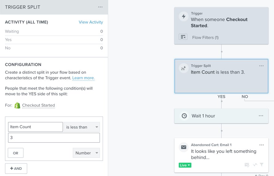 Przykładowa sekwencja, w której Trigger podział jest używany do oddzielenia liczby pozycji w potencjalnym koszyku pomiędzy Item Count jest mniejsza niż 3 lub większa