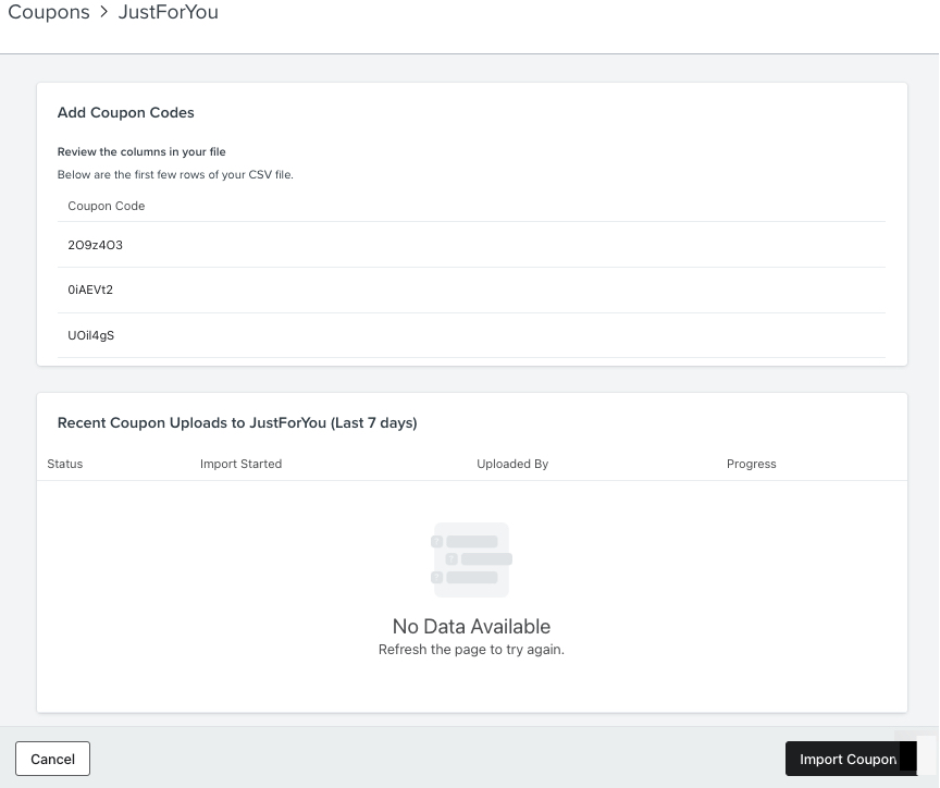 De controlepagina die verschijnt nadat je een csv-bestand hebt geüpload en waar je de eerste paar toegevoegde couponcodes kunt bekijken.