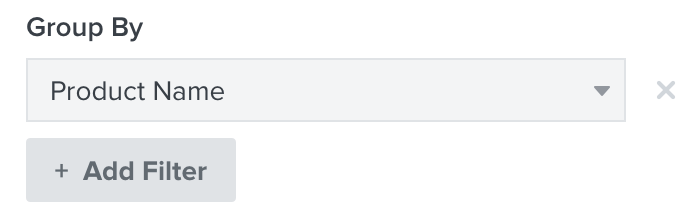 I en rapport kan du lägga till filter för att gruppera efter t.ex. produktnamn genom att använda knappen +Add Filter