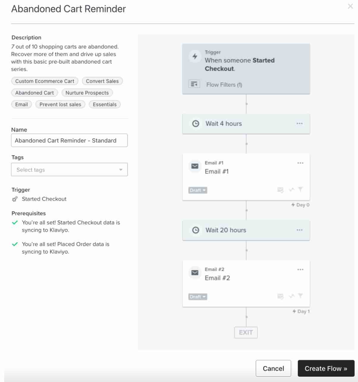 övergiven kundvagn Reminder flöde trigger by Started kassa förhandsgranska med skapa flöde i vitt med svart bakgrund