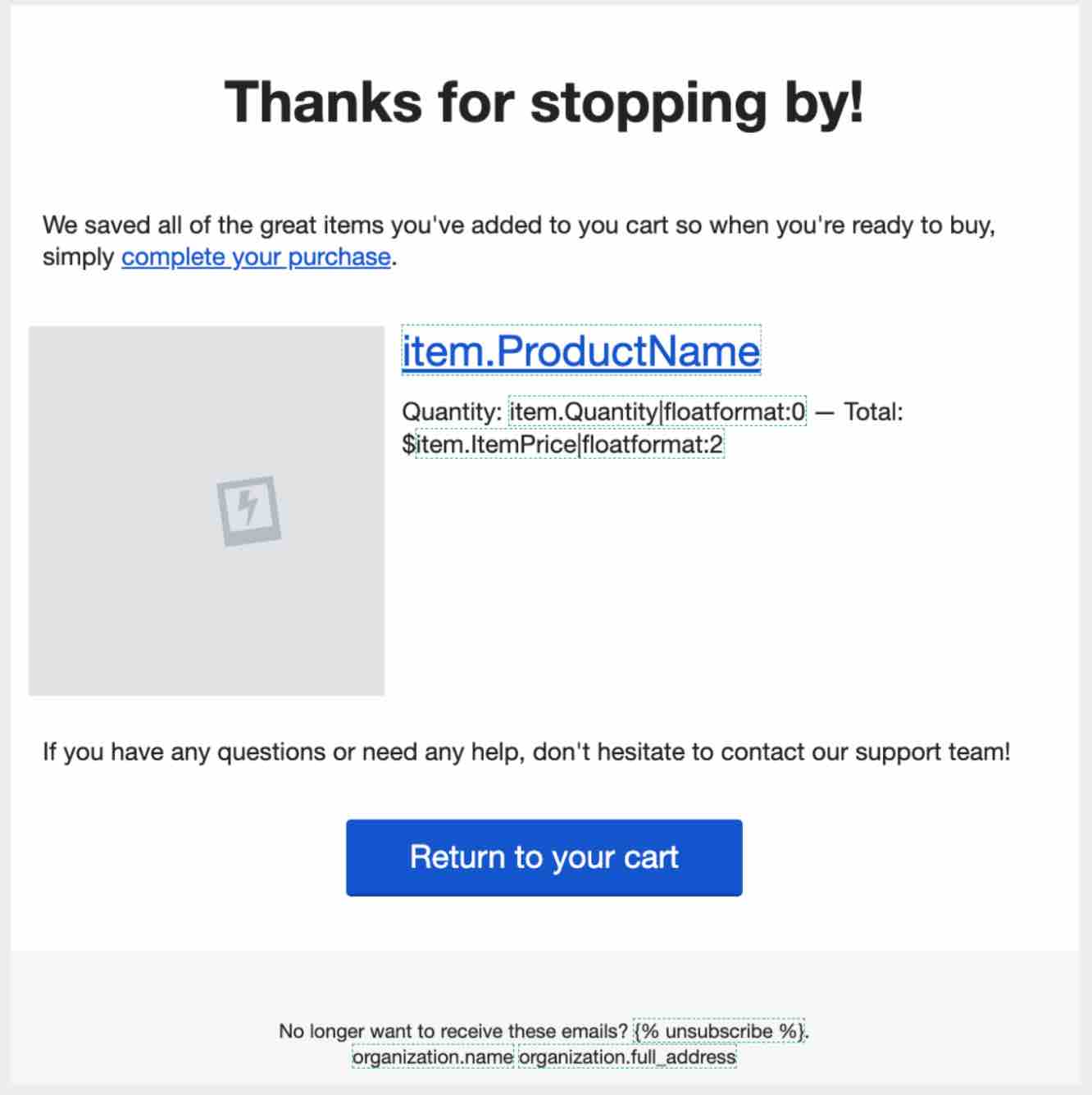 Klaviyo mallskapare som visar e-post Tack för besöket och Återgå till din kundvagn i vitt med blå bakgrund