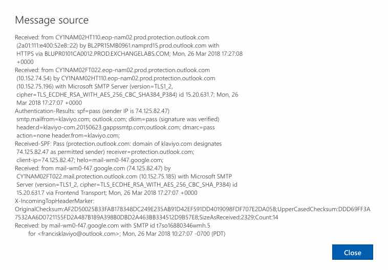 Fönster för meddelandekälla för e-post i Outlook- och Hotmail-inkorgar
