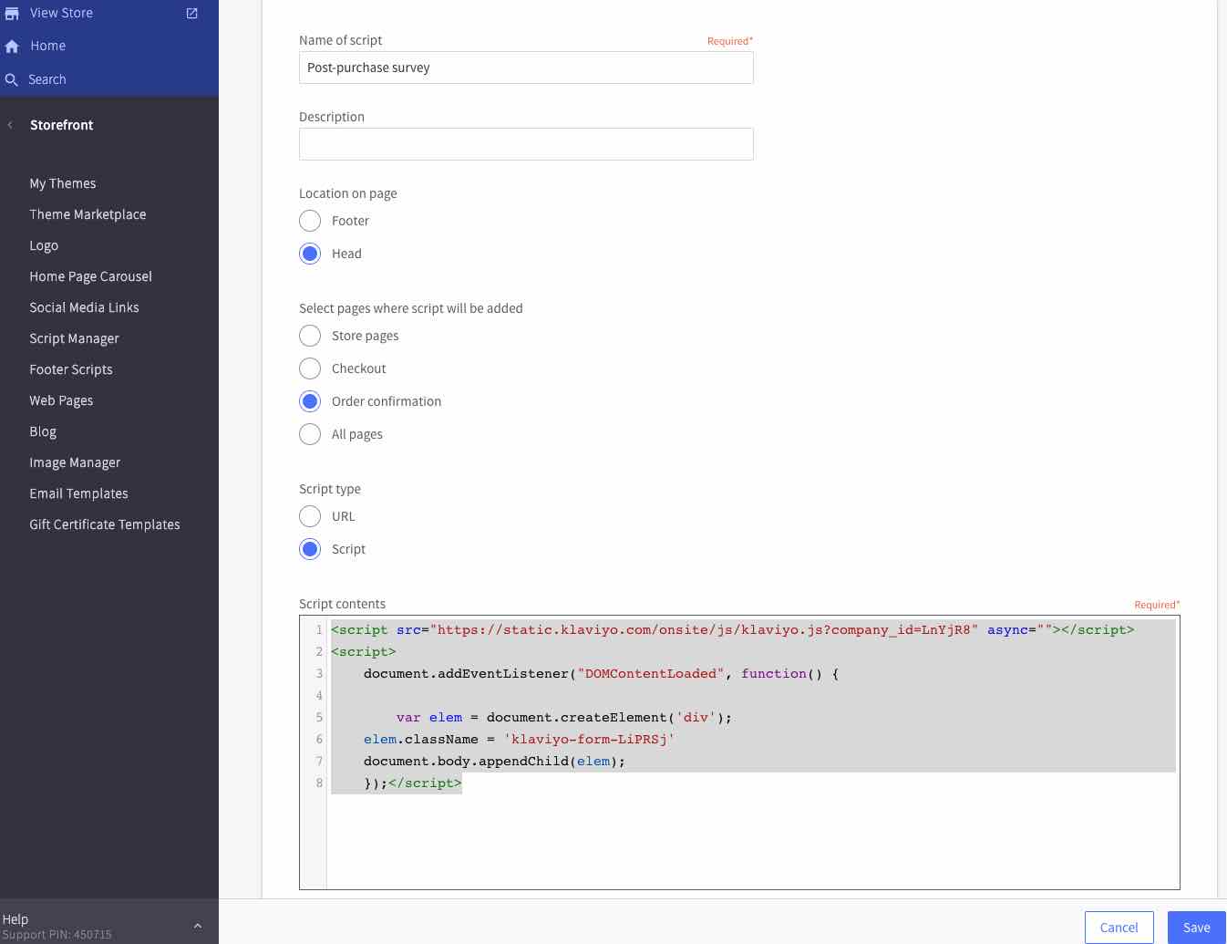 Sidan Skapa ett skript i BigCommerce där du kan fylla i plats, beskrivning, sidor där skriptet kommer att läggas till och skripttyp.