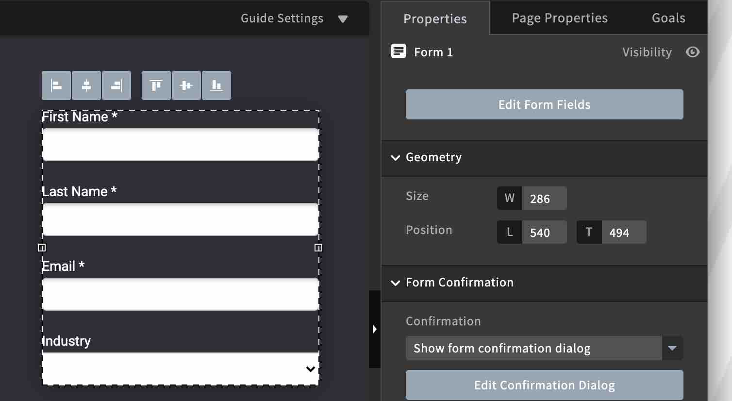 Formulärredigerare med formulär med fälten Förnamn, Efternamn, E-post och Bransch