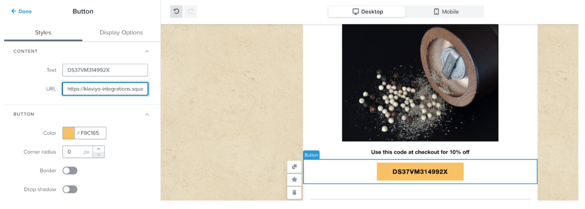 mallskapare i Klaviyo som visar en Kupongkod som lagts till på en knapp