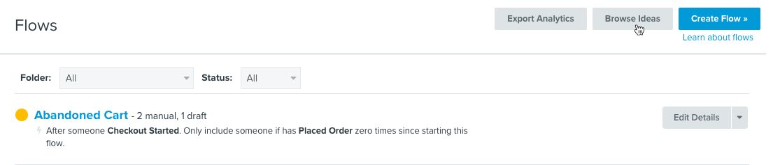 flöde fliken i Klaviyo visar övergiven kundvagn flöde i lista med gul status
