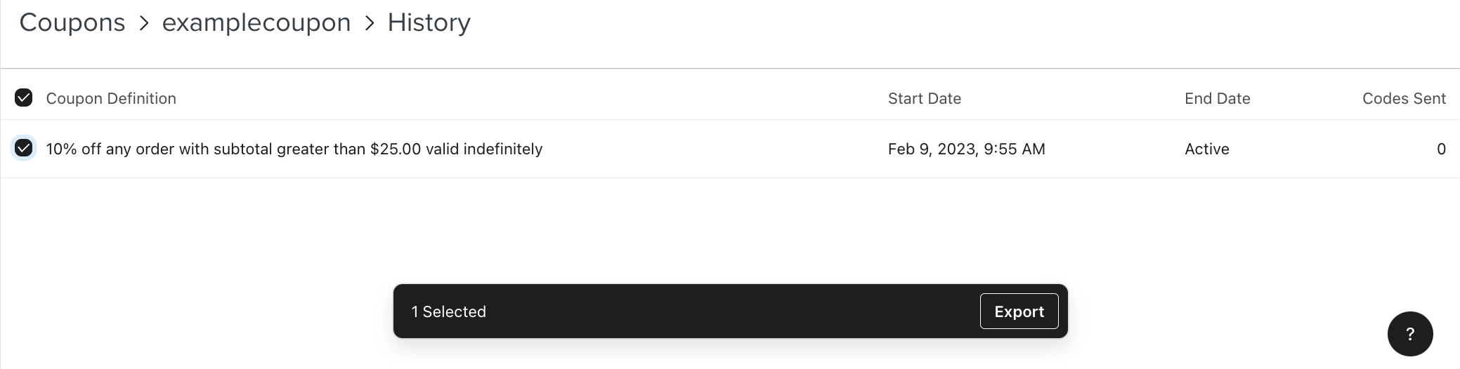 En kupong som valts under kupong Definiton på kuponghistoriksidan.