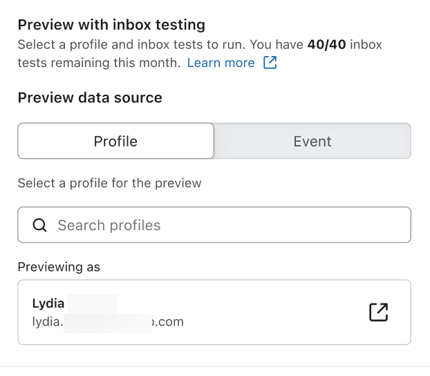 Klaviyo inbox testinställning med alternativ för att välja en profil eller händelse för förhandsgranskning av e-post.
