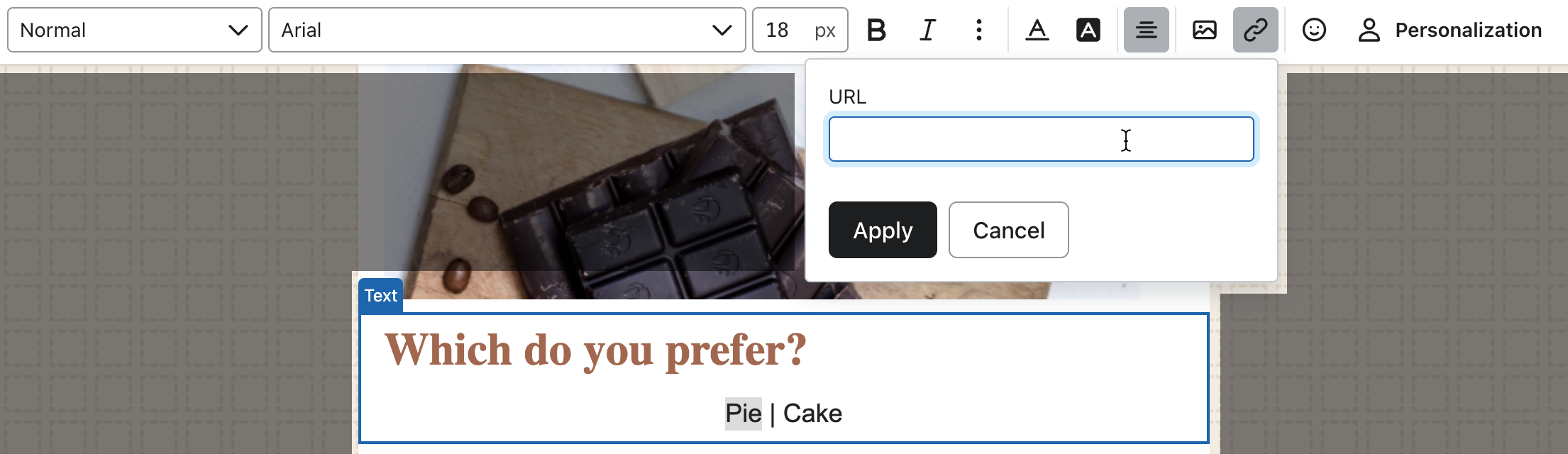 Ikonen för hyperlänken i ett textfält