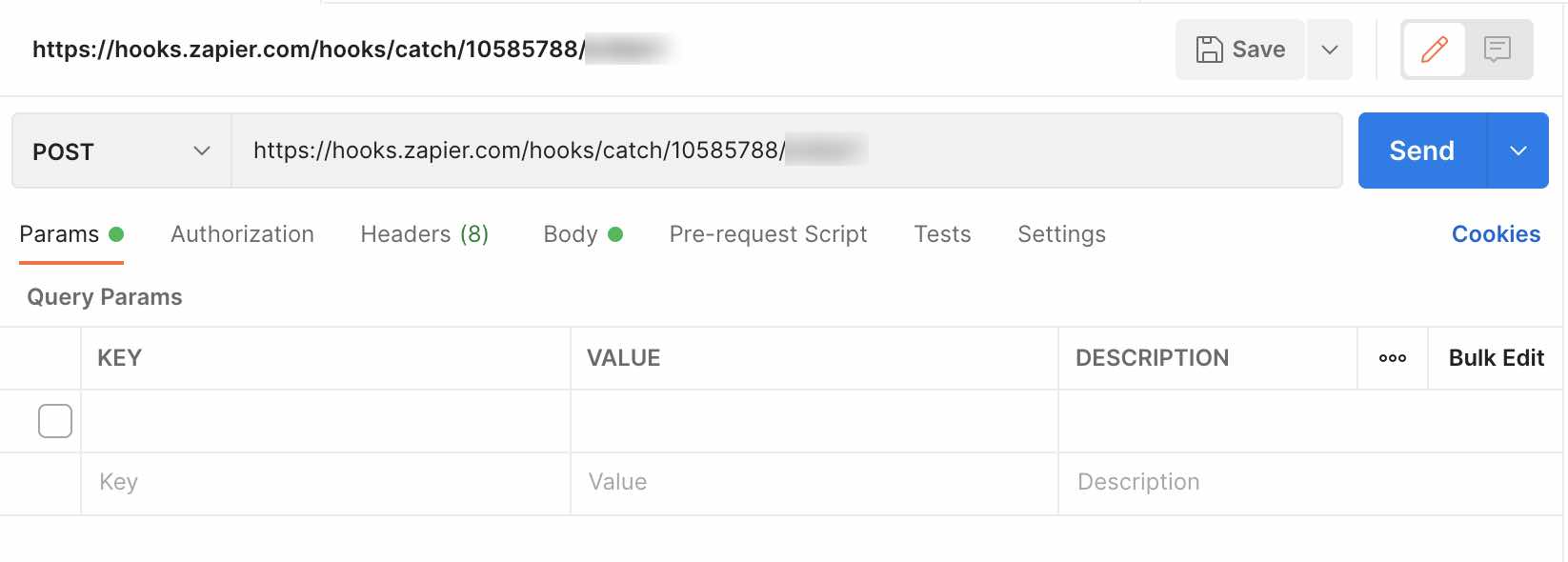 Postman-konfiguration för att skapa POST-begäran, med POST valt från rullgardinsmenyn och Zapier webhook URL angiven i URL-rutan