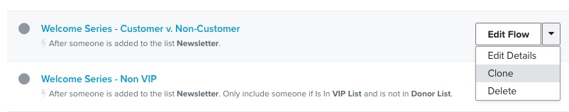 Om du klickar på pilen bredvid knappen Edit Details på höger sida av ett flöde visas alternativet Clone