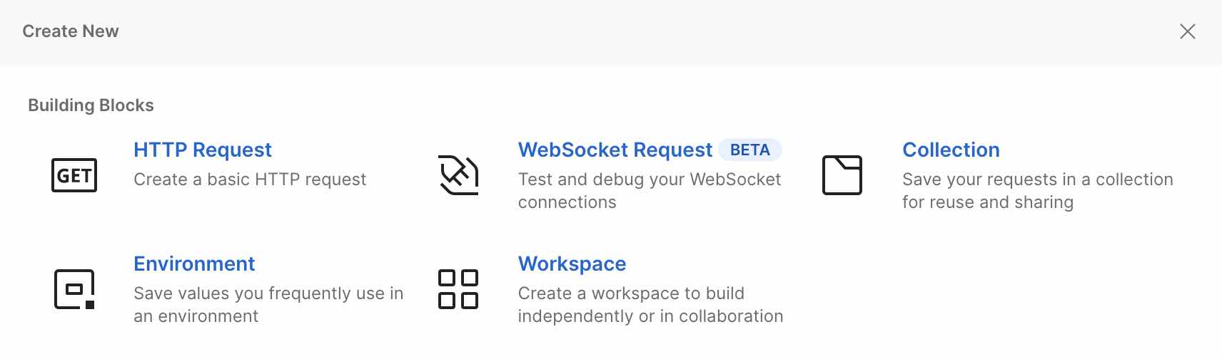 Postmans meny Skapa ny begäran, som visar HTTP-begäran under avsnittet Byggblock
