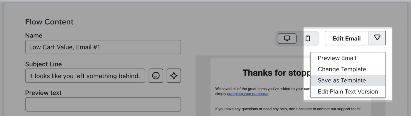 Om du klickar på pilen bredvid knappen Redigera detaljer på skärmen Meddelandeinnehåll för en flöde-post visas alternativet Spara som mall.