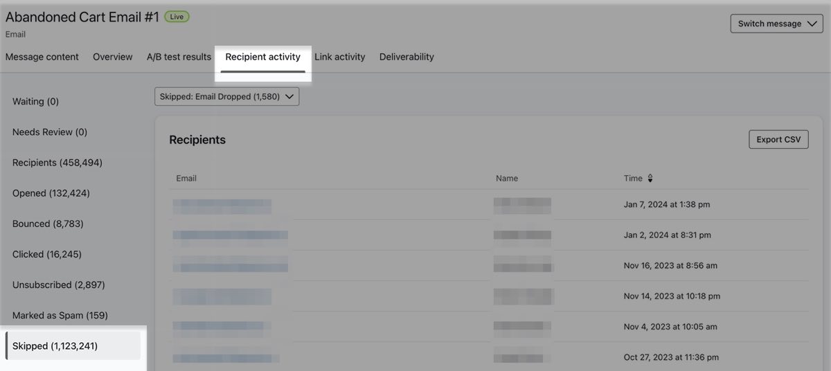Skippade rullgardinsmenyn för orsak som finns i fliken mottagare Aktivitet.