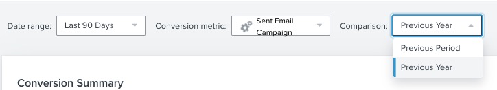 Vy över rullgardinsmenyn för jämförelse längst upp till höger som visar alternativ för att jämföra data med föregående period eller år