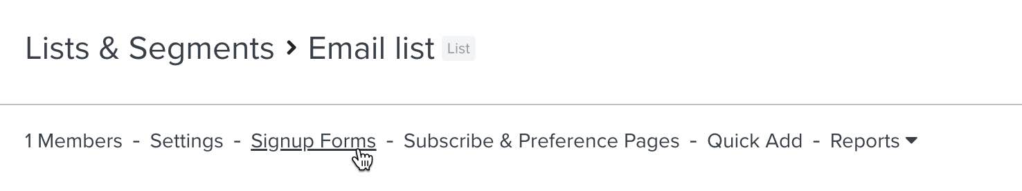 Fliken registreringsformulär i en lista på Klaviyo