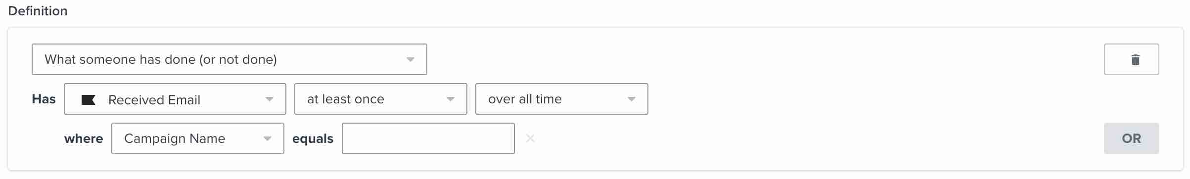 En segment definition för att hitta personer som redan har fått ett meddelande