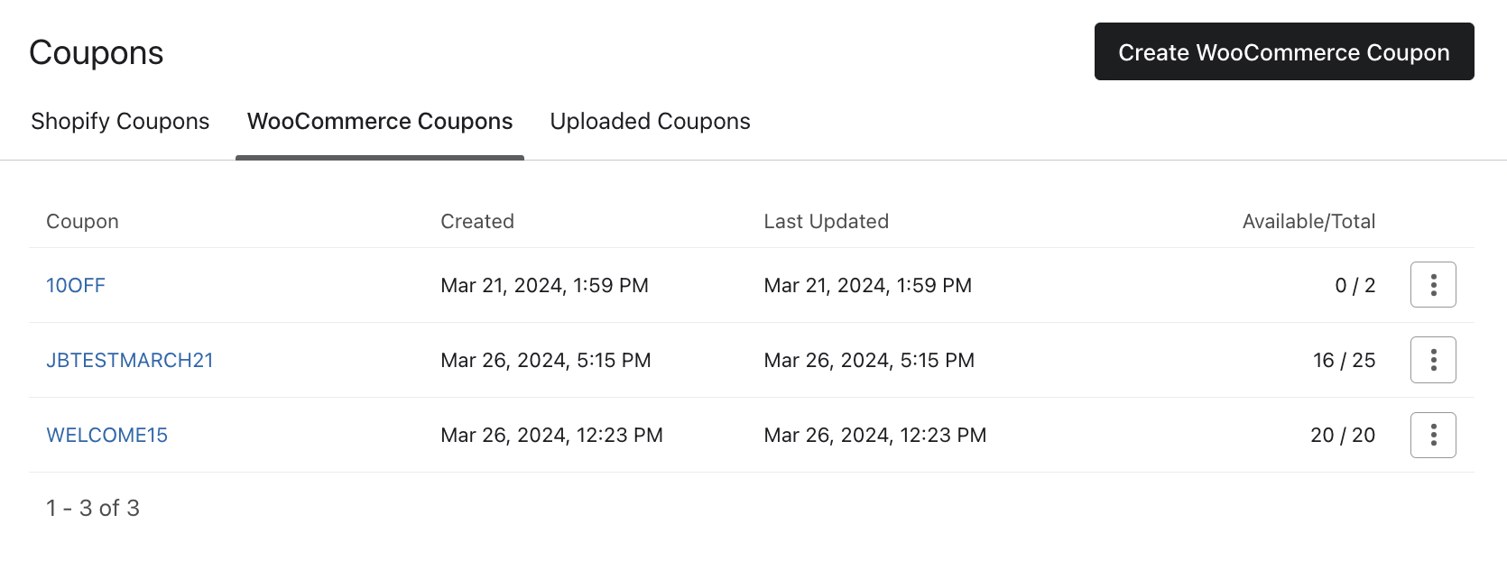 Fliken WooCommerce kupong i Klaviyo visar 3 redan befintliga WooCommerce kupong och knappen för att skapa WooCommerce kupong.