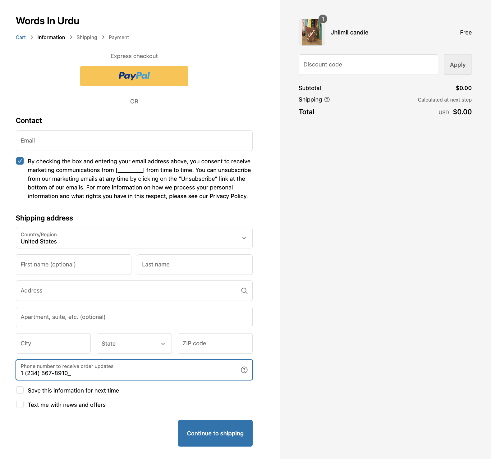 Exempel på Shopify kassasida när beställningsuppdatering är aktiverad
