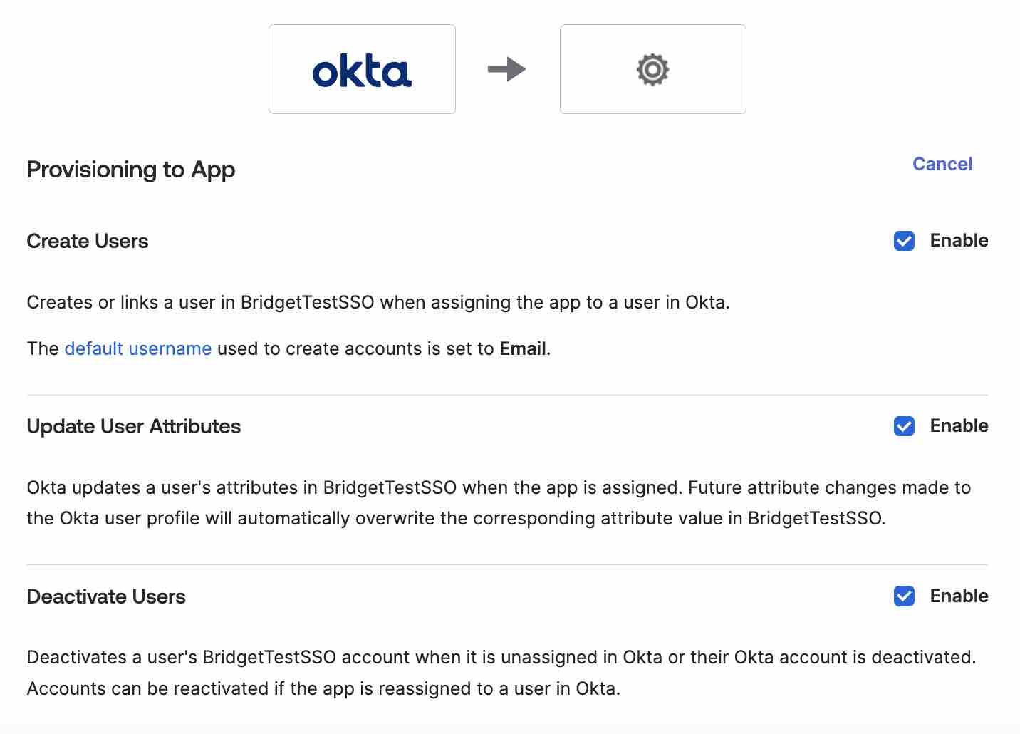 Aktiverade funktioner i sidan Etablering till app
