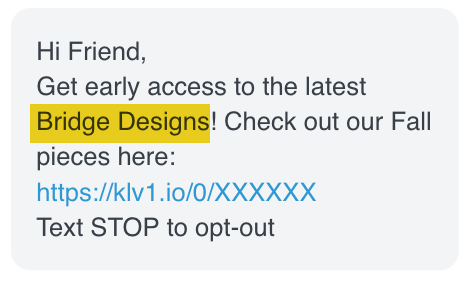 Exempel på sms där organisationsnamnet finns i brödtextenmeddelande