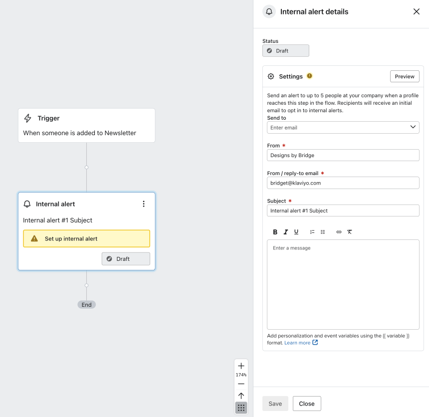Intern aviseringsredigerare, där du kan lägga till eller ta bort mottagare och anpassa meddelandet