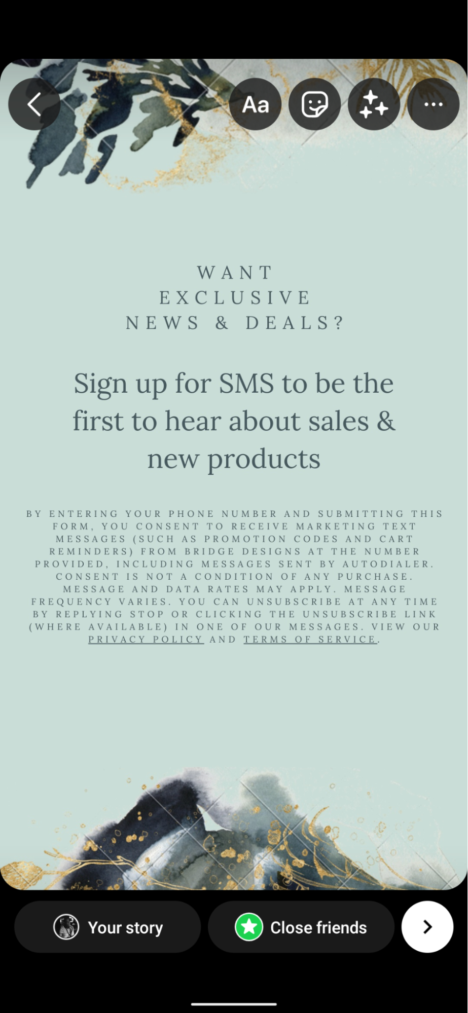 Exempel på bild som uppmuntrar till sms-registreringar tillsammans med informationsspråk för Instagram-story