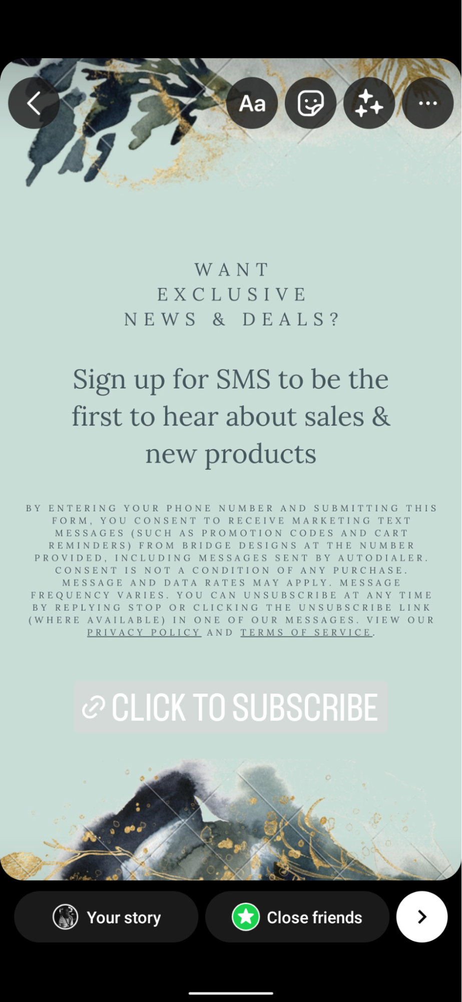 Exempel på en Instagram-story med en klick-till-text-sticker för sms-anmälningar