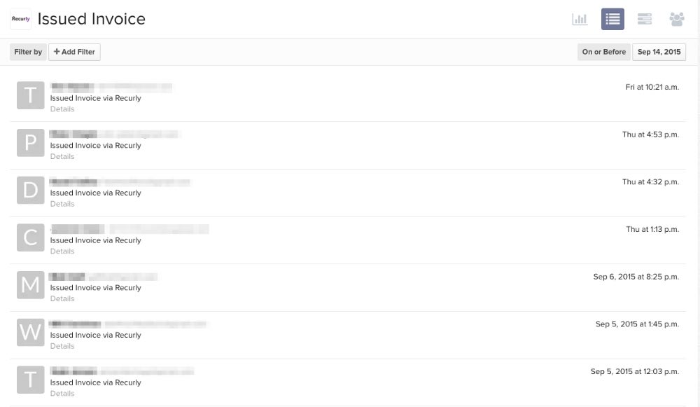 Sida som visar lista över utställda fakturor via Recurly mättal i Klaviyo med tidsstämplar